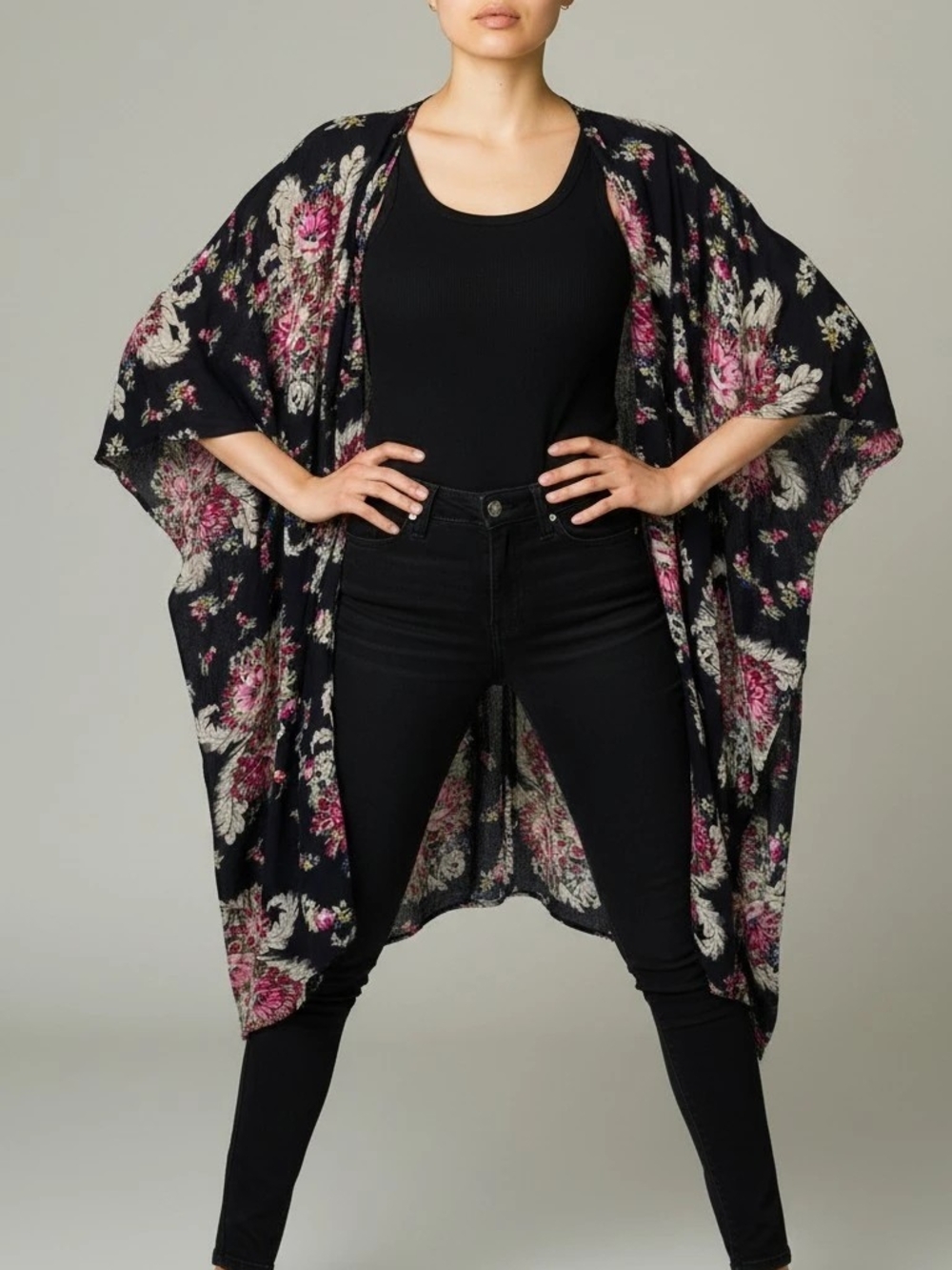 Floral Open-Front Kimono Cardigan - Black with Pink Floral